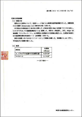 抗菌力評価試験成績書内容